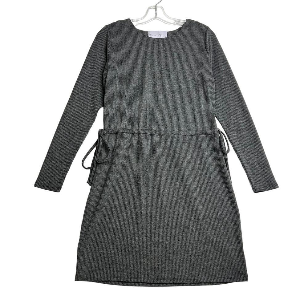Charles Henry Long Sleeve Cinch Waist Ribbed Knit Dress Gray Womens Small